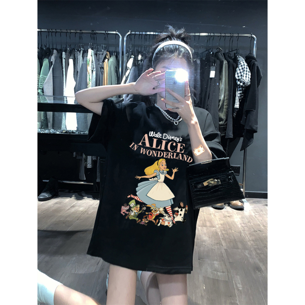 Kaos Puith Atasan Wanita Lengan Pendek Oversize  Alice In Wonderland Printed T-shirt Baju Wanita Kekinian Korean Style/Baju coklat