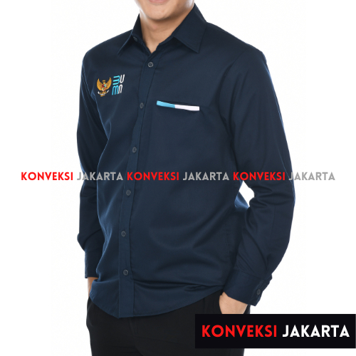 Kemeja Seragam Kerja BUMN Lengan Panjang Warna Navy Bahan American Drill Bisa Custom Bordir Satuan