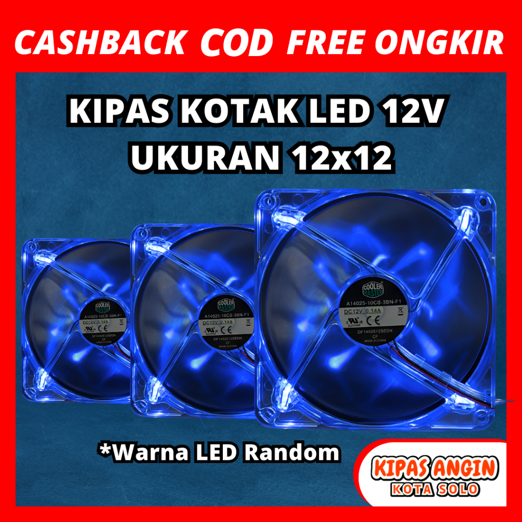 Kipas Pendingin 12V LED 12x12 cm Kotak Warna LED Random Kondisi Bekas