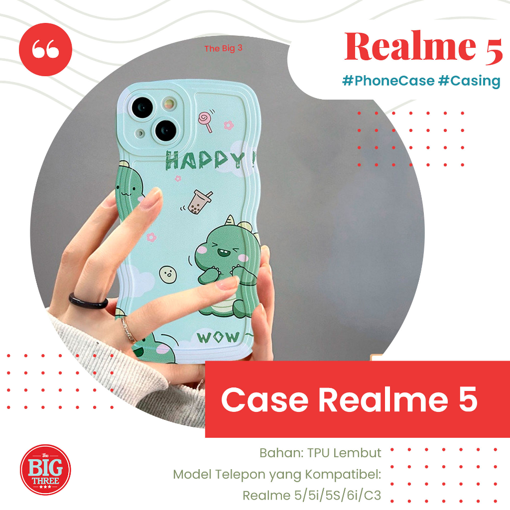 Casing Realme 5 5i 5S 6i C3 Tepi Bergelombang Bahagia Kue Donat Kartun Lucu Dinosaurus Kecil Penutup TPU Lembut Case HP Smartphone Real me - TBT