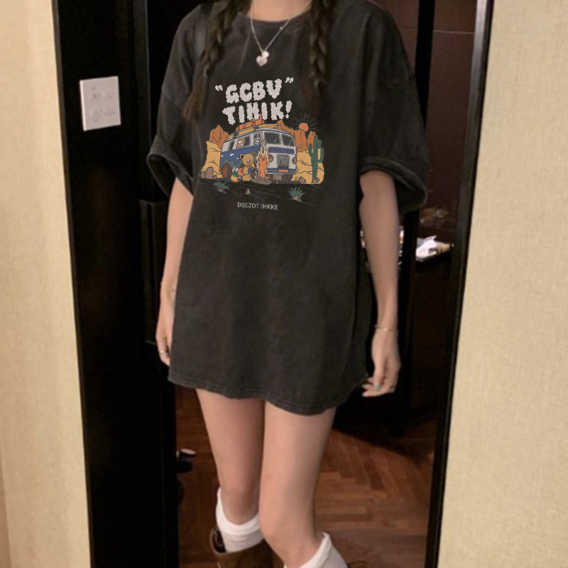 Print Washed T-shirt Kaos Lengan Pendek Oversize GCBV TIHIK Korean Style Atasan Wanita