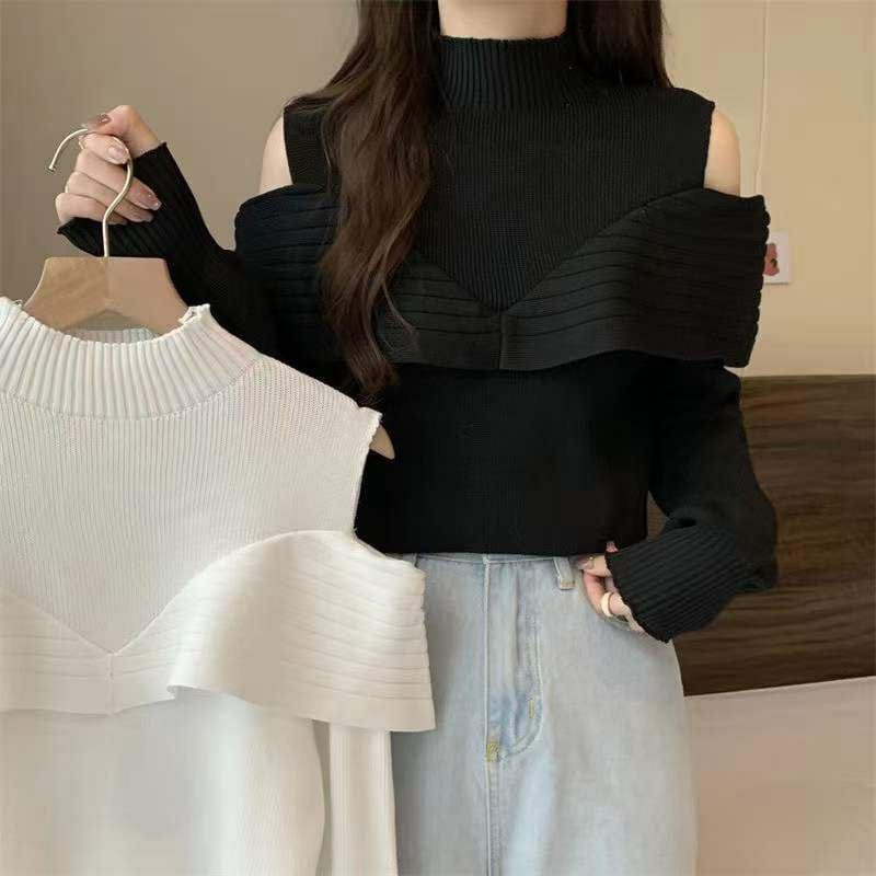 Atasan Turtleneck Rajut Offshoulder | A720 | Sabrina Knit Top Lengan Panjang Korean Style