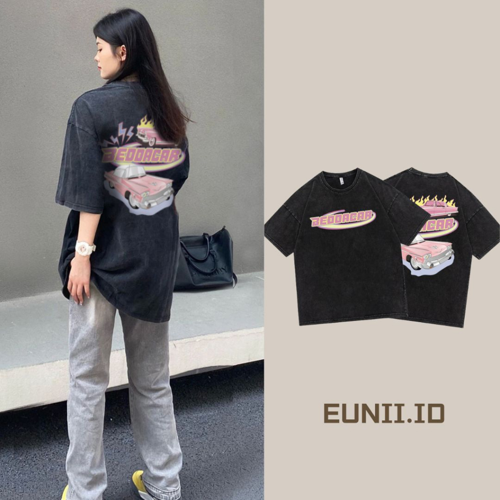 EUNII T-shirt Lengan Pendek Black Washed Cartoon Vintage Pink Car Printing Korean Style/Kaos Atasan Wanita/Baju Wanita/Kaos Wanita