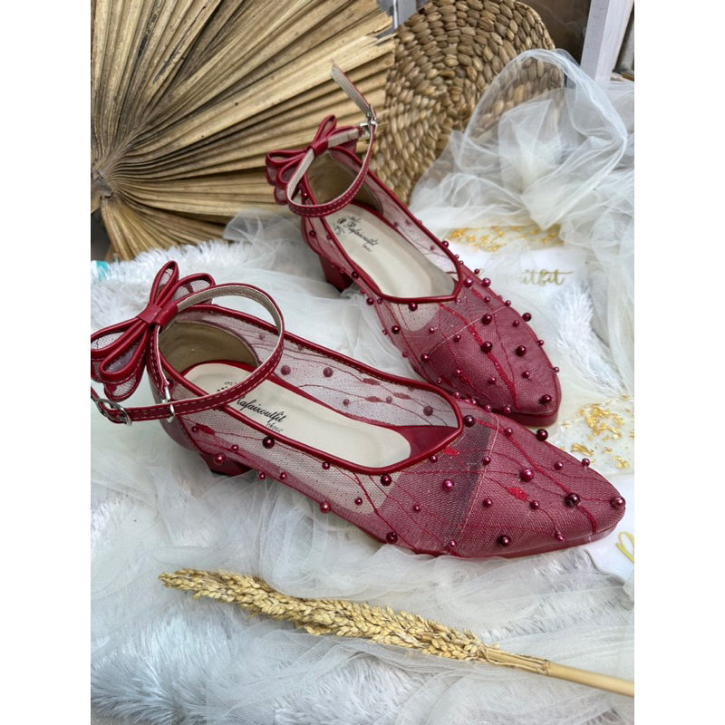 sepatu wanita Levina merah Marron pita 5cm tahu