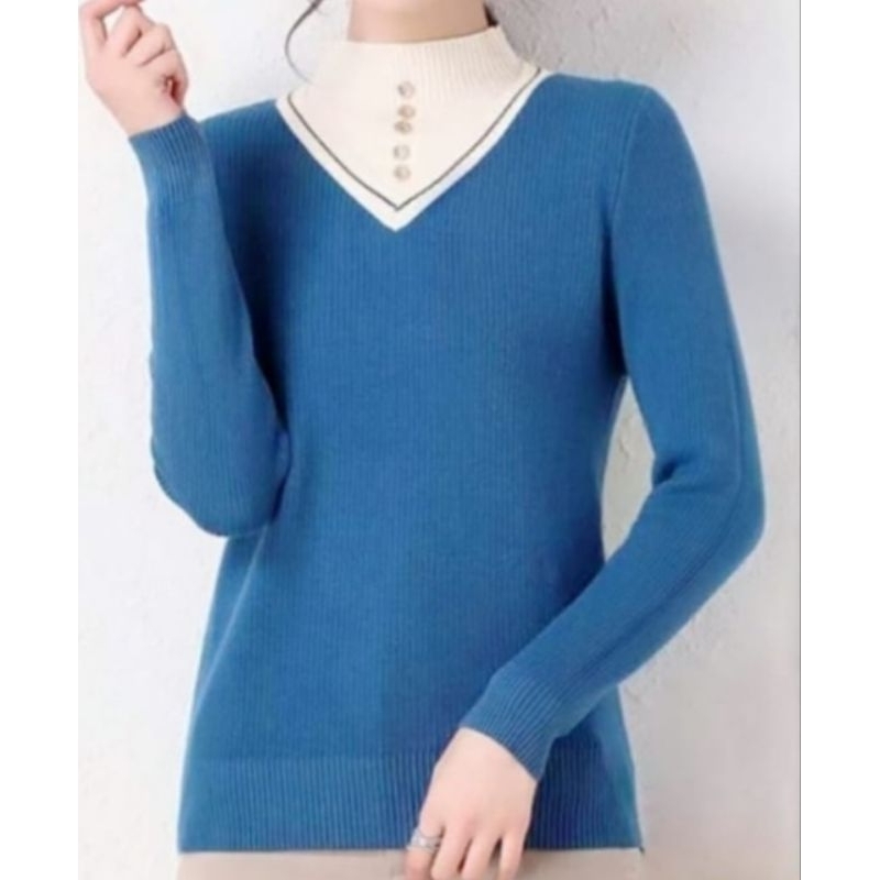 ❤️ PREMIUM IMPORT ❤️ READY ! SANDRA HIGH NECK BUTTON LONG SLEEVE KNIT SWEATER BLOUSE