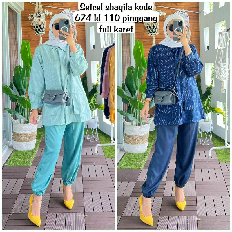 Dotty Set, SETELAN CELANA MOTIF DOTTY FIT XXL LD 110 BAHAN SHAKILA IMPORT TERMURAH OOTD KEKINIAN TERLARIS