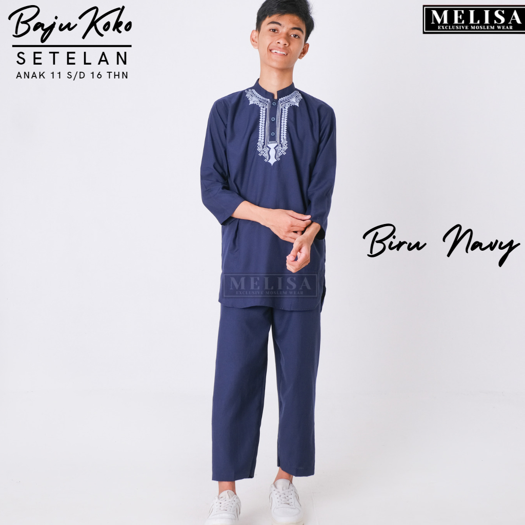 Baju Koko Anak Setelan Pakistan Anak Tanggung Size 11 12 13 14 15 16 Bahan Poli Katun Premium Lengan Panjang Warna Biru Navy