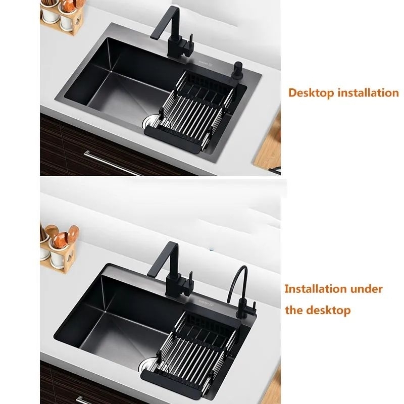 Paket Lengkap Kitchen Sink 6045 Paket Kran Tarik Hitam Bak cuci piring Tirisan Tarik