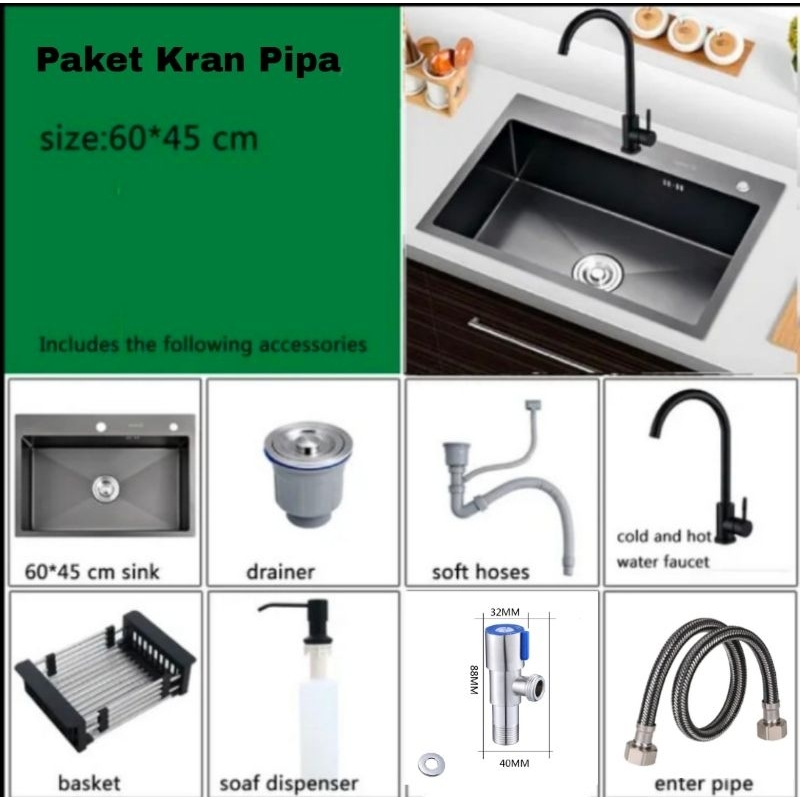 Paket Lengkap Kitchen Sink 6045 Paket Kran Tarik Hitam Bak cuci piring Tirisan Tarik