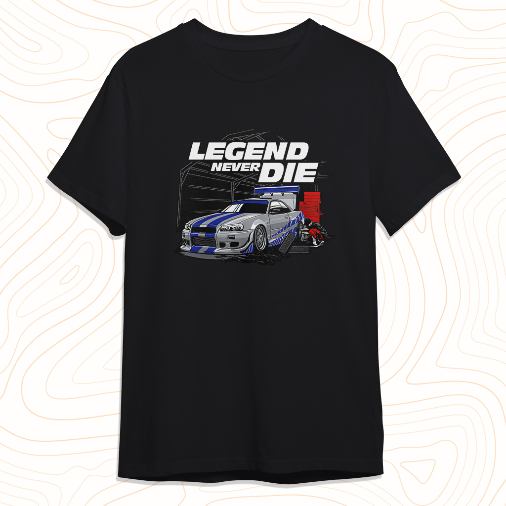 Kaos Distro NISSAN GTR R34 PAUL WALKER LEGEND NEVER DIE T-Shirt