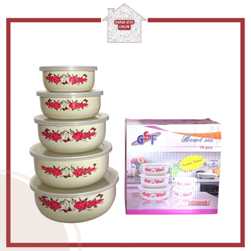 Bowl Set Enamel 5pcs / Mangkok Set Rantang Susun 5 PCS GSF G2028 / Mangkok Enamel Bunga Kembang