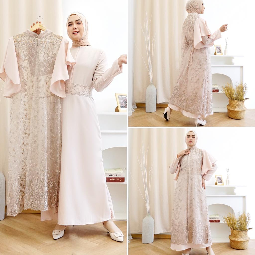 Georgina Set Setelan Gamis 2in1 Warna Putih Gading Susu Krem Inner Outer Brukat Brokat Tile Tulle Pr