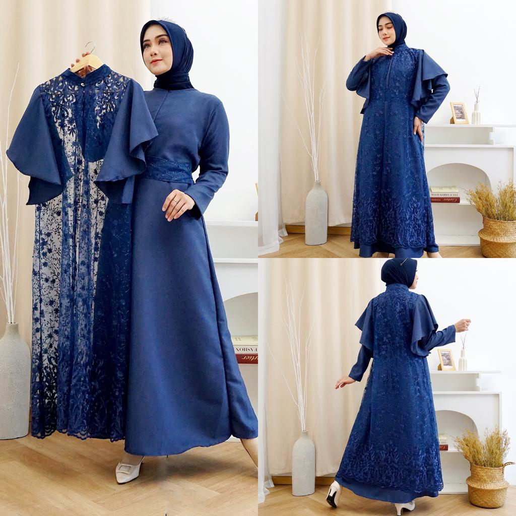 Georgina Set Setelan Gamis 2in1 Warna Biru Tua Navy Inner Outer Brukat Brokat Tile Tulle Premium Res