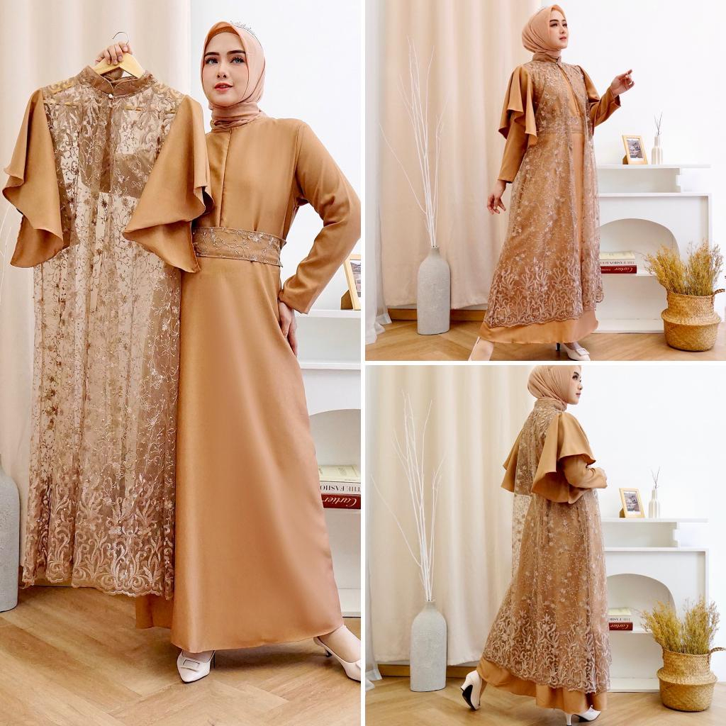 Georgina Set Setelan Gamis 2in1 Warna Merah Coklat Susu Mocca Moka Inner Outer Brukat Brokat Tile Tu