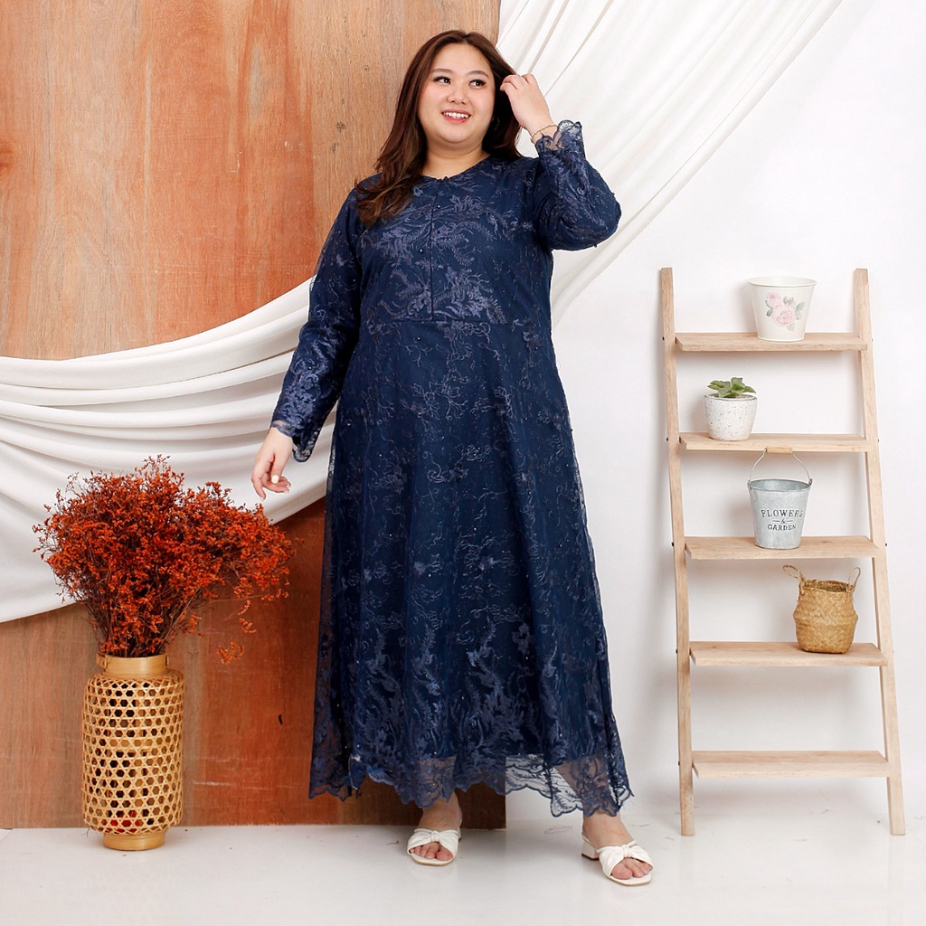 Sarah Gamis Jumbo Warna Biru Tua Navy Oversize Bigsize XXL-XXXL Resleting Depan Busui Friendly Bahan