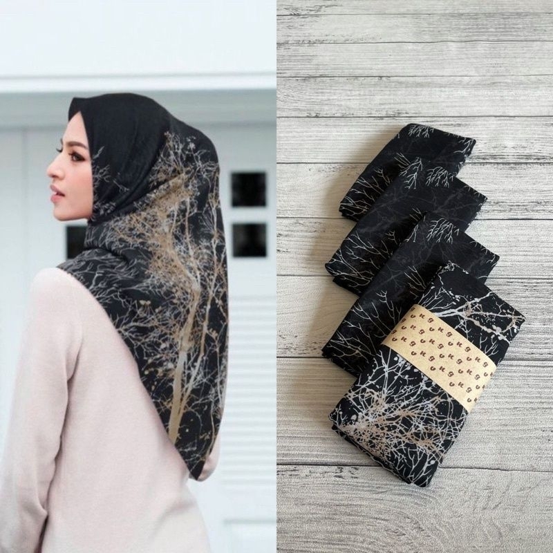 HIJAB SEGI EMPAT VOAL PREMIUM JILBAB MOTIP AKAR HITAM LASER CUT