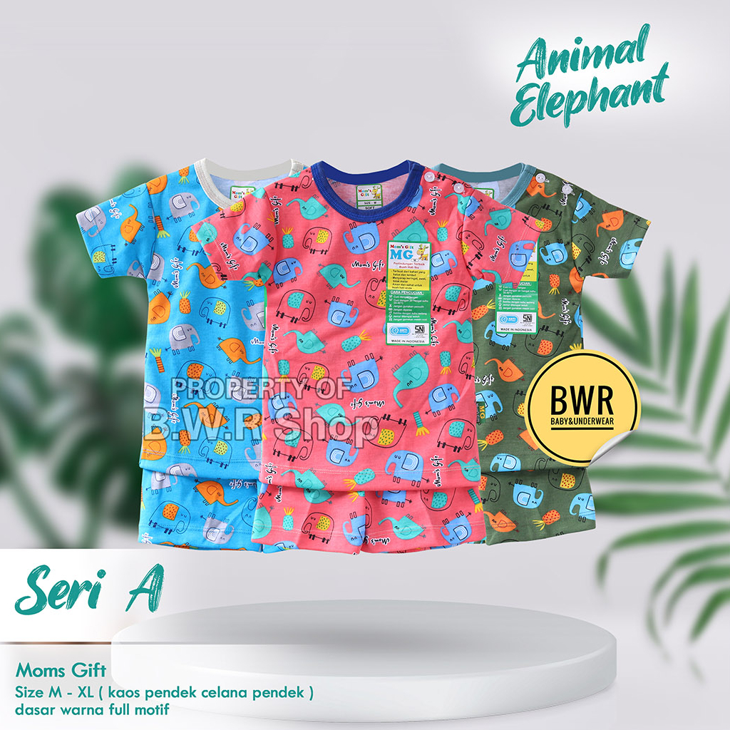 [ HARGA 3pc ] Setelan PENDEK Moms Gift Elephant Terbaru / Baju Bayi Setelan Piyama Anak Unisex Pendek Baju Tidur 03 | Bwr