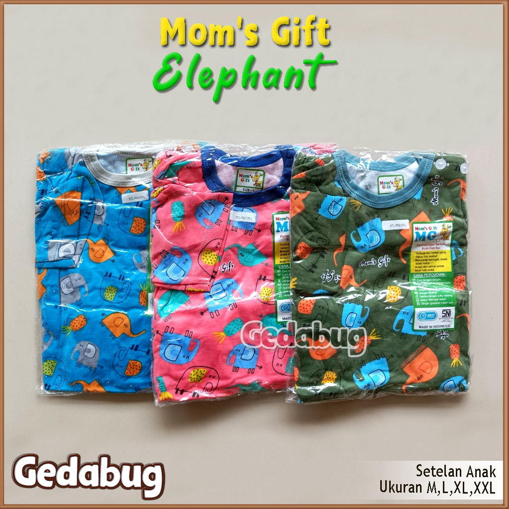 3 Setel - Setelan Kaos Anak Mom's Gift Elephant PENDEK | Setelan Baju bermain Anak Moms Gift | Gedabug