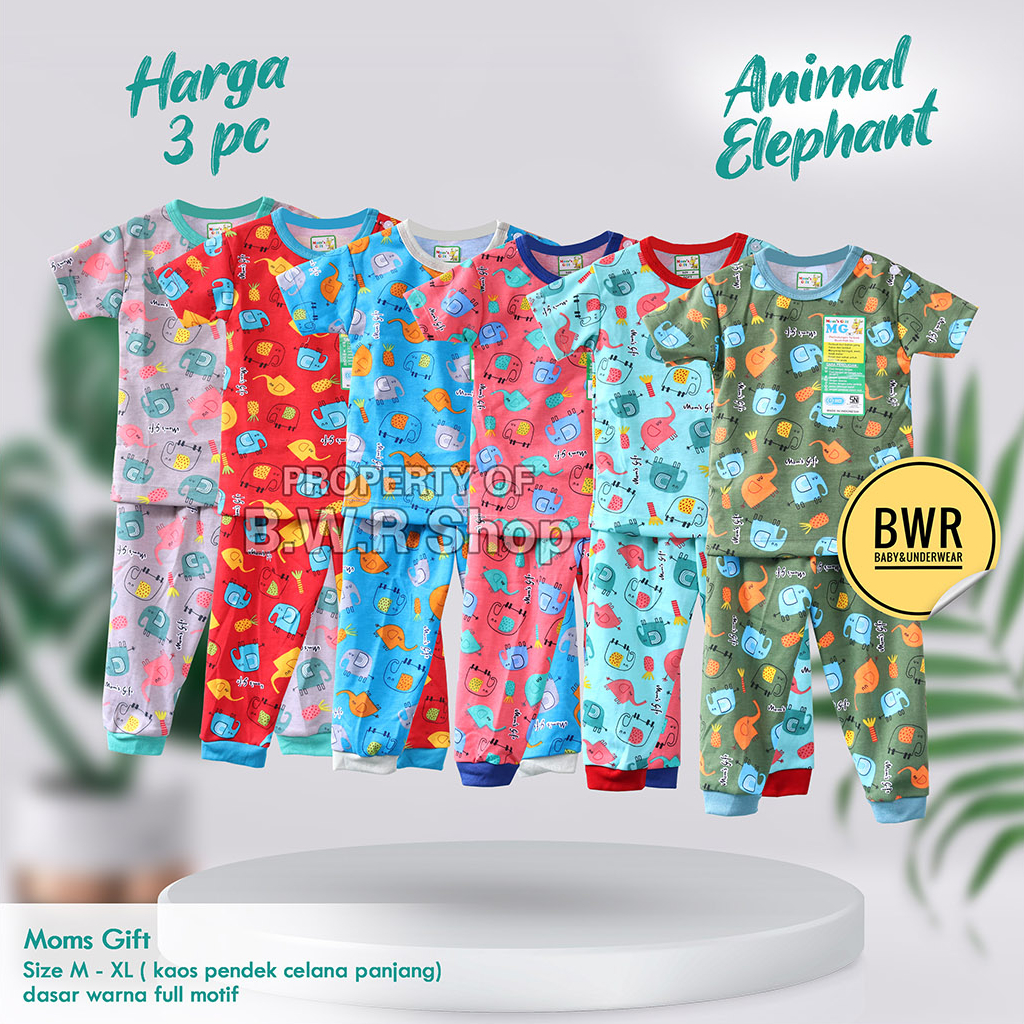 [ HARGA 3pc ] CPR Setelan Moms Gift Elephant / Baju Bayi Piyama Anak Unisex Kancing Pundak Mom's Gift Motif Terbaru Baju Pendek Celana Panjang| Bwr