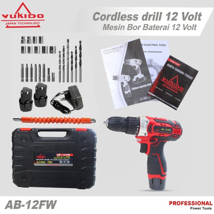 TERMURAH YUKIDO Red 12V Mesin Bor Cordless bor listrik 2 baterai set - BOR 4,8V