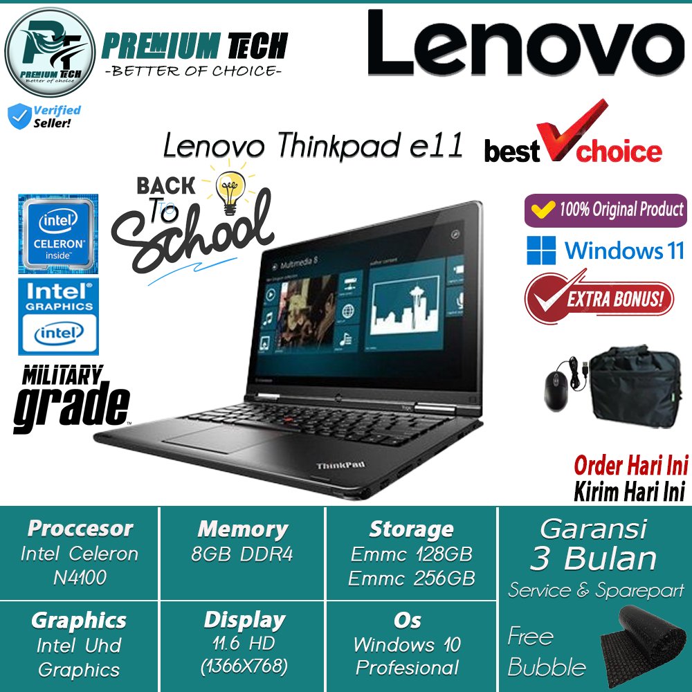 Laptop Murah Lenovo Thinkpad 11e Intel N4100 8GB 256GB HD Windows 10 Pro Terlaris