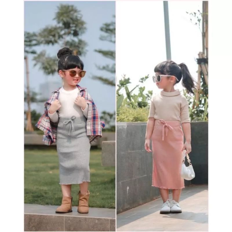 Rok Span Skirt Anak Perempuan Curly Ruffle Knit Tee | Bawahan Rok Span Anak Perempuan Bahan Knit Rib Halus Dan Lembut