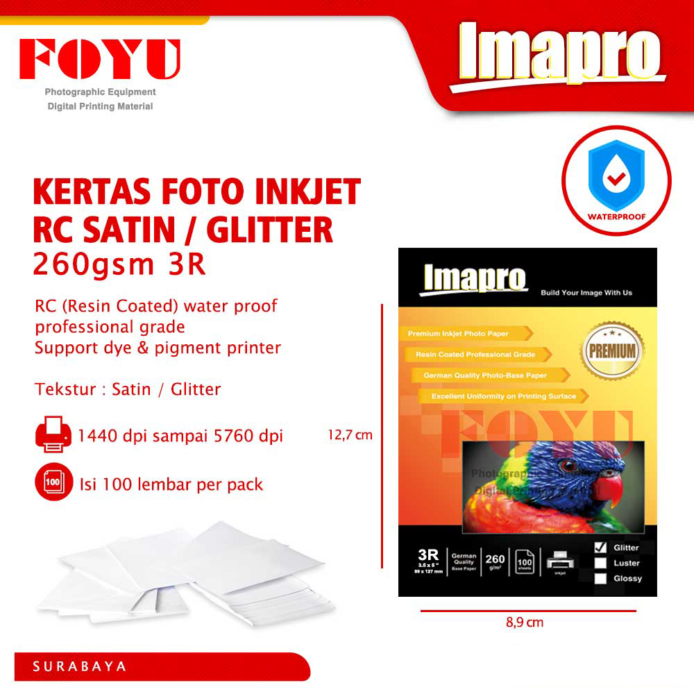 

Kertas Cetak Foto Photo Paper Sheet Lembaran Mesin Printer Inkjet Epson D530 Photobooth Selfie Self Studio Imapro Professional RC Satin Glitter Water Proof 260gsm 3R