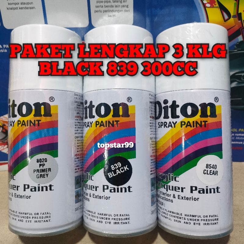 Pilok Cat Diton Paket Lengkap 3 Kaleng 300cc Black Hitam 839 Primer Grey 8020 Clear Glossy 8540