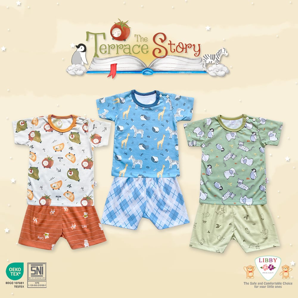 3 Pcs Libby Setelan Pendek Oblong SML Baju Bayi Kacing Pundak Piyama Baby Pendek Libby