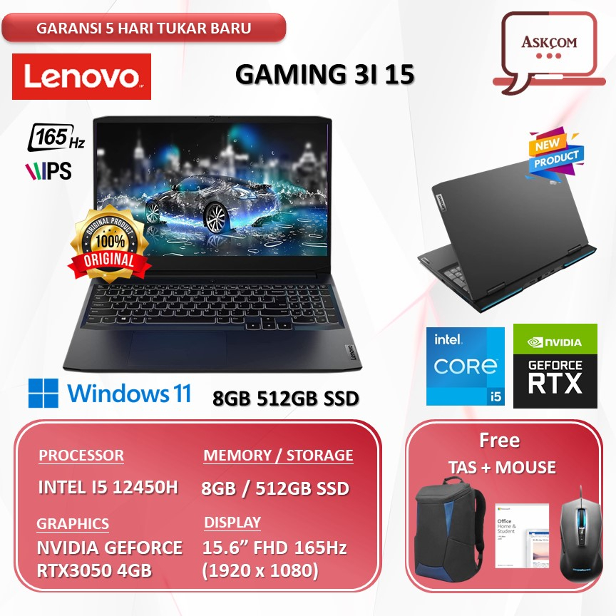 Laptop Lenovo Gaming 3I 15 RTX3050 4GB I5 12450H 8GB 512GB SSD W11 OHS2021 15.6FHD IPS 165HZ 100SRGB 4ZRGB LQID