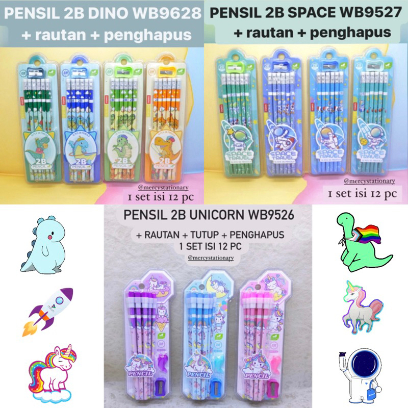 

12 Pcs - Pensil 2B Eraser Sharpener Set Fancy Unicorn Astronot Dinosaurus Space Travel