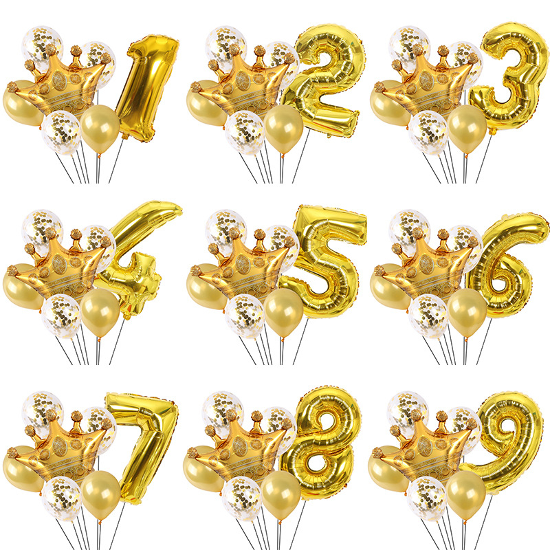 Balon Set 7pc Happy Birthday Number Ultah Ulang Tahun Angka Crown Gold