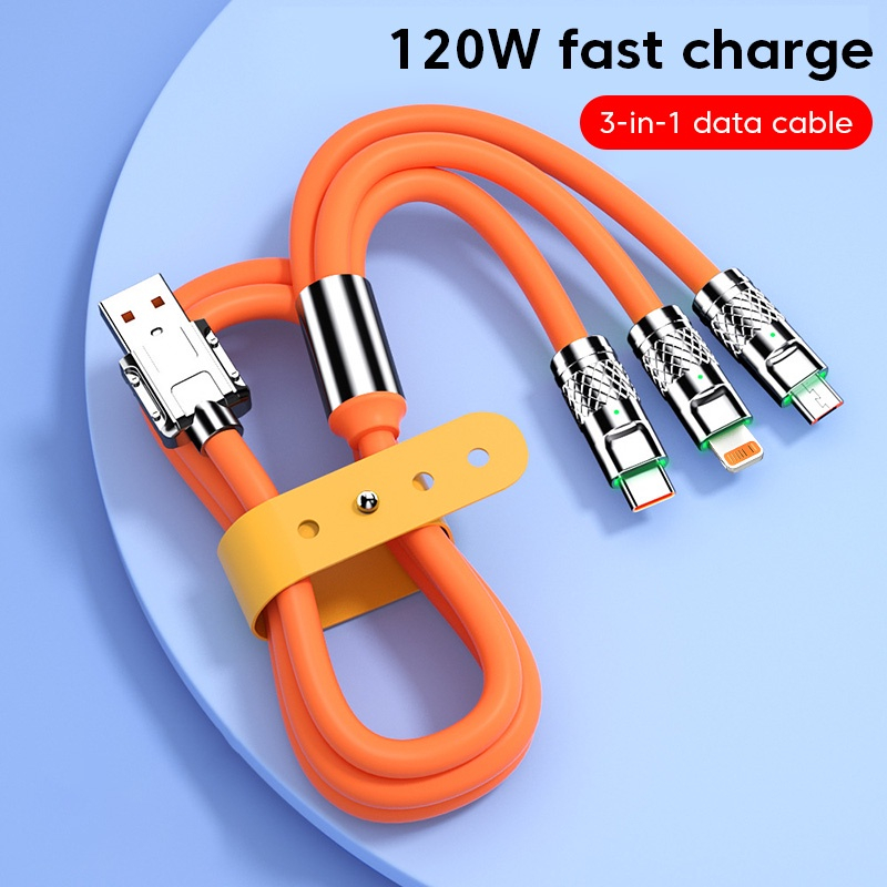 Kabel 120W 6A 3in1 Fast Charging Type C Untuk Charger Telepon Kabel Charge micro USB Tipe-C iphone