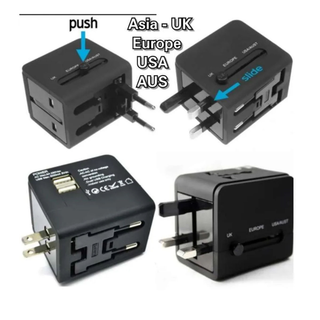 Colokan Listrik 4 Plug Global Travel Adaptor Universal 2 USB / NON USB EU UK US AU International Travel Adapter ALL IN ONE Charger Universal Adaptor International Charger International untuk Travelling Travel Adaptor Universal Colokan Charger Universal