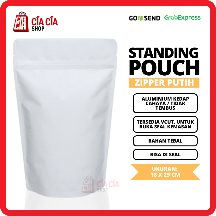 Kemasan Standing Pouch Zipper Alu Putih, Food Grade Kedap Cahaya 18x29