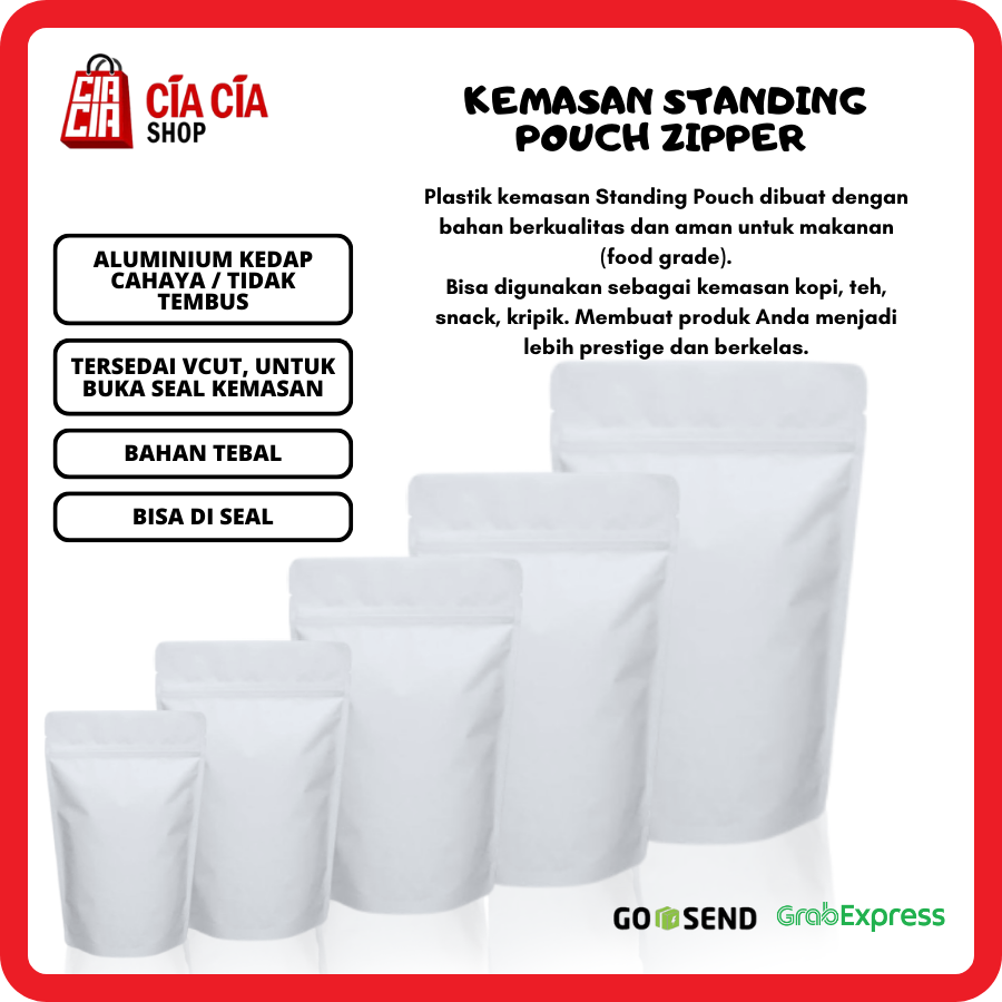 Kemasan Standing Pouch Zipper Alu Putih, Food Grade Kedap Cahaya 18x29