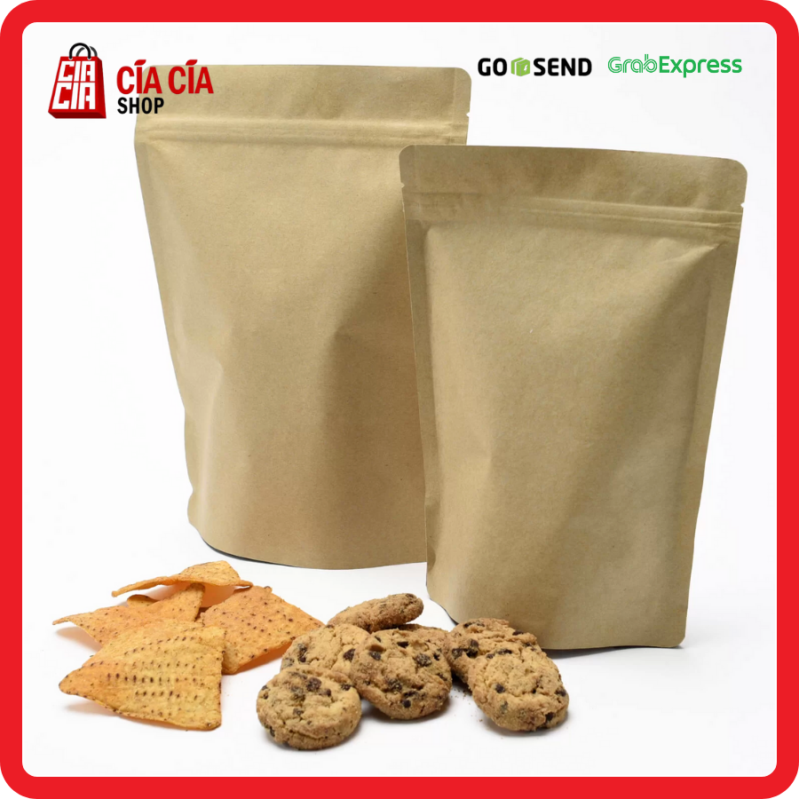 Kemasan Standing Pouch Zipper Alu Eco Kraft Fd.Grd Kedap Cahaya 18x29