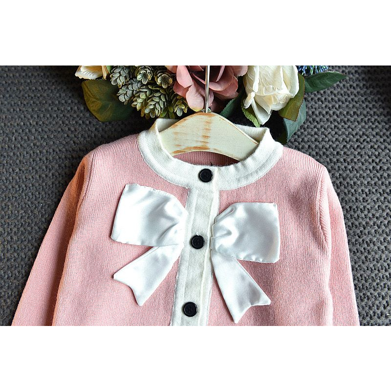 Setelan Sweater Rok Rajut Pink Anak Perempuan Korean Style Motif Pita Putih