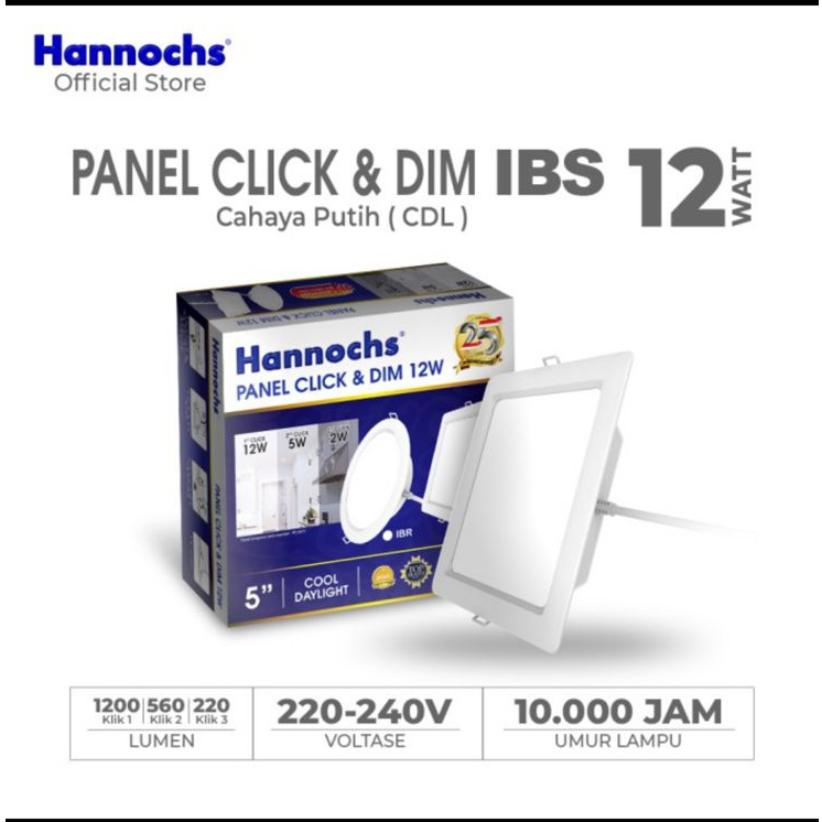 Lampu Downlight LED Hannochs Panel 12W CLICK &amp; DIM KOTAK IB PUTIH