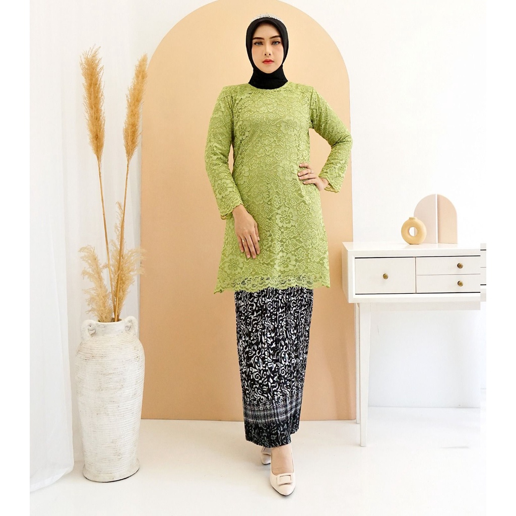 Alfiana Set Setelan Tunik Kebaya Warna Hijau Sage Green Brukat Cord Tulang Glitter Tebal Real Pictur
