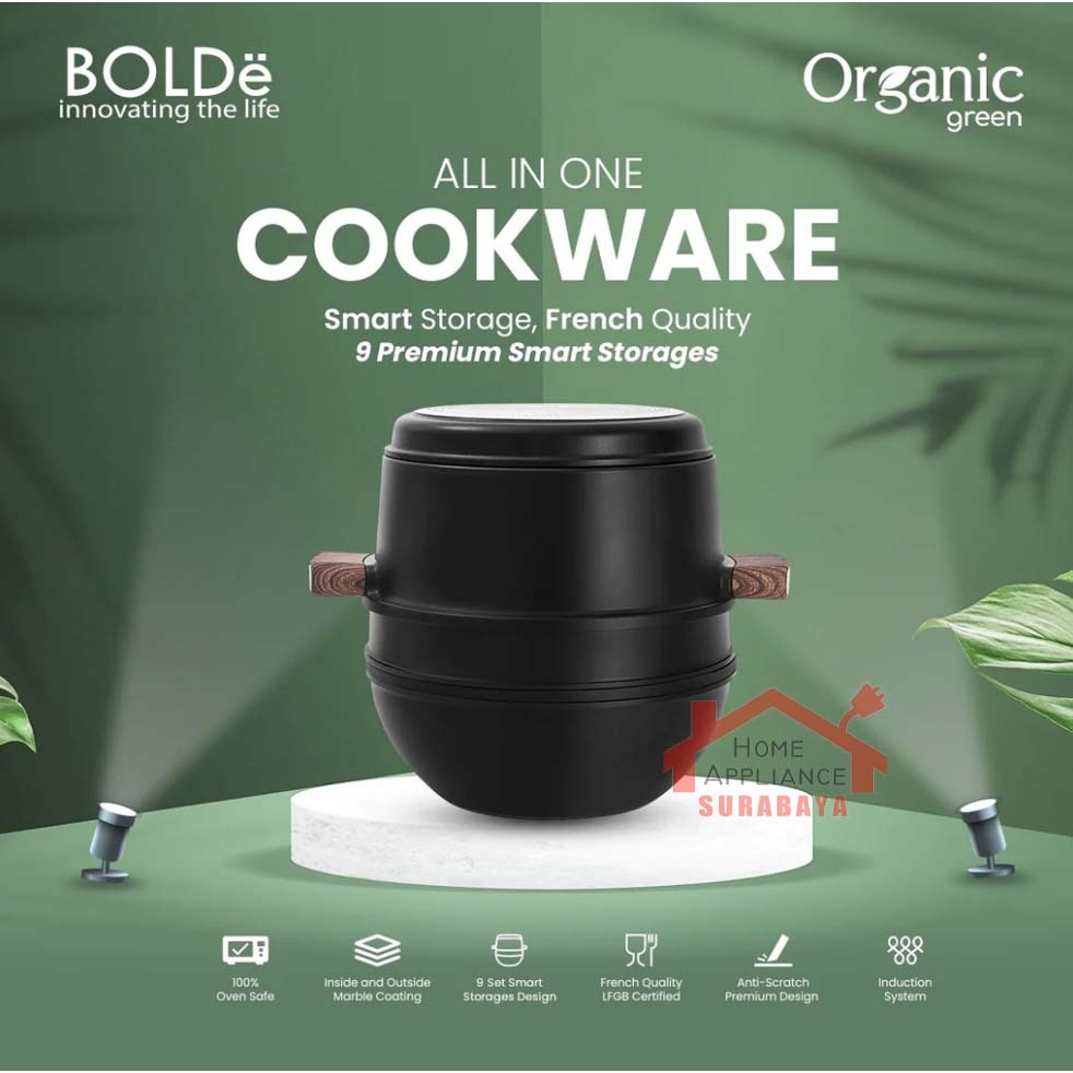 BOLDe Organic Green All In One Cookwares - Wajan Wok - Panci Sup - Saus - Crepe - Kukus Titanium Marbel Coating Serbaguna