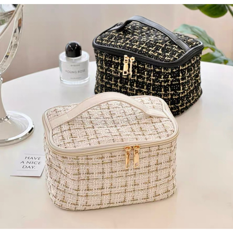 LITTLEDAISY | Korean Tweed Cosmetic Bag / Tas Kosmetik Travel Pouch Skincare Premium Aesthetic / Pouch make up / Tas portable