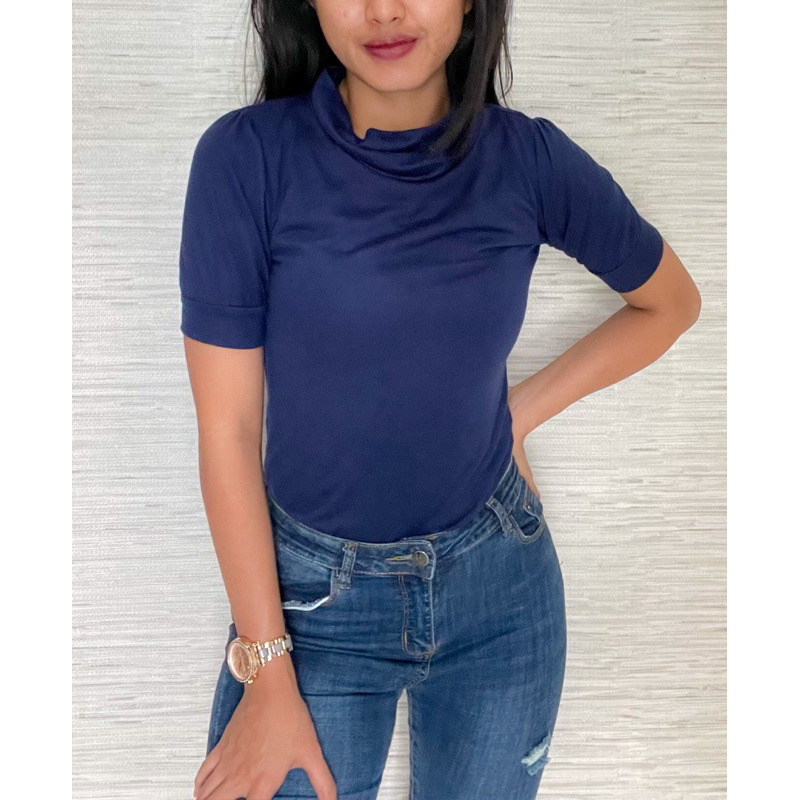 turtle neck tshirt / kaos wanita turtle neck warna biru dongker