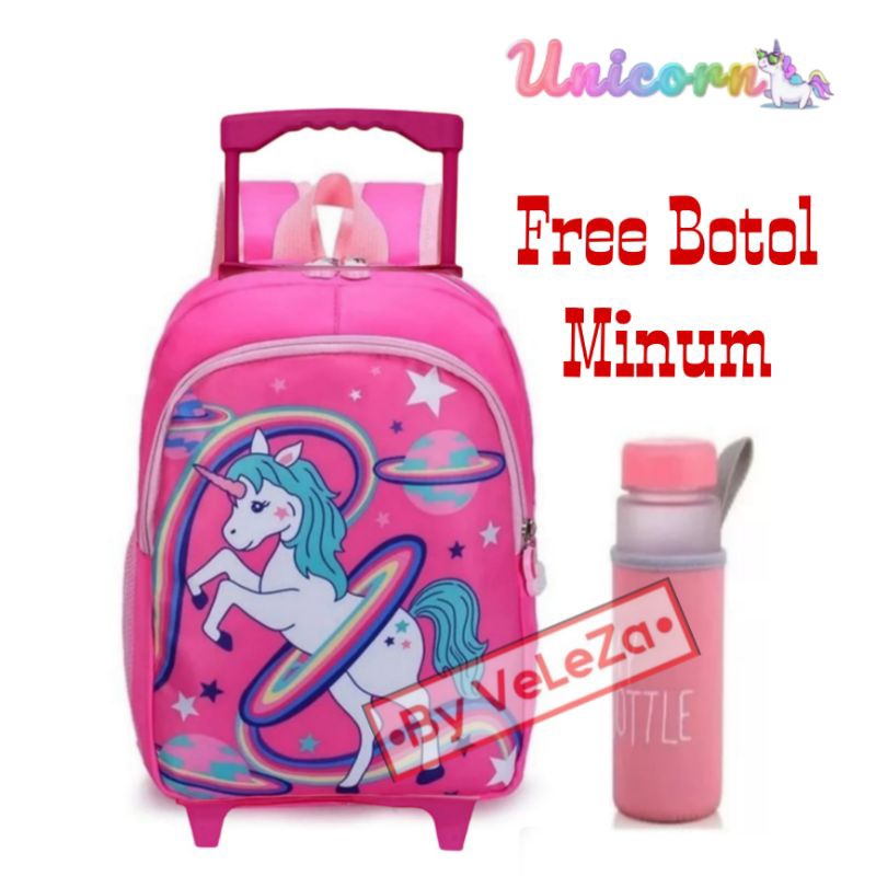 Tas ransel troli anak PAUD TK karakter unicorn canvas gratis botol minum - tas anak