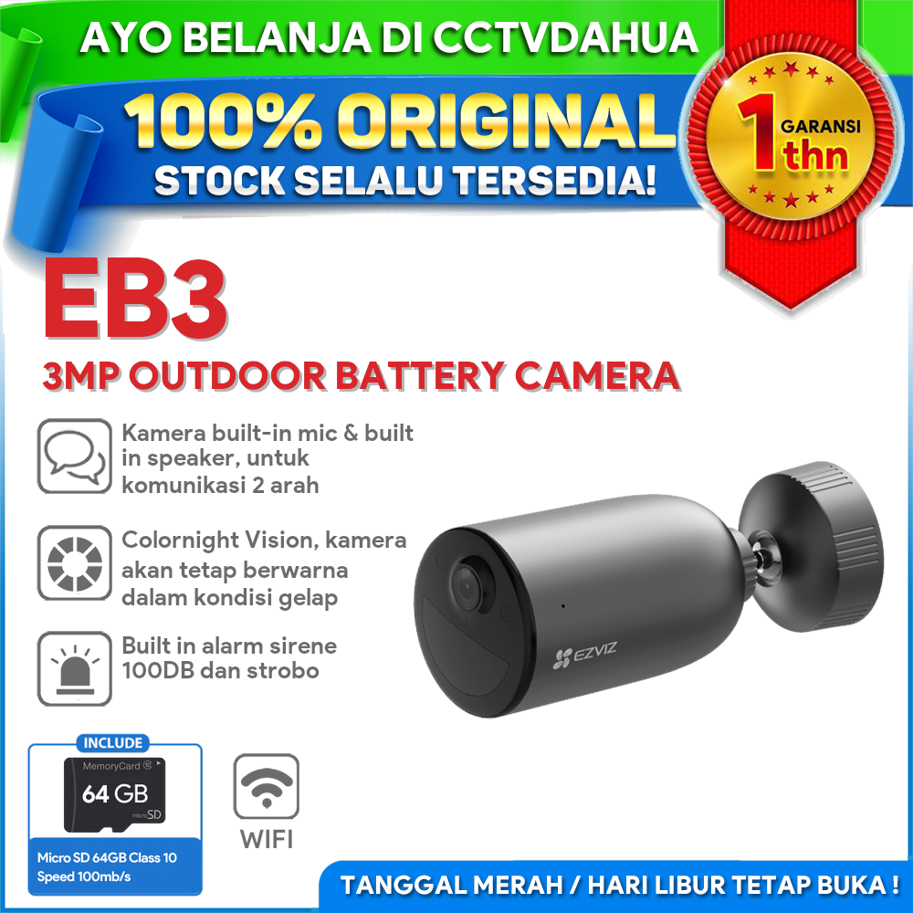 EZVIZ EB3 3MP OUTDOOR WIFI BATTERY CAMERA 5.200mAh FREE MICROSD 64GB GARANSI 1TH