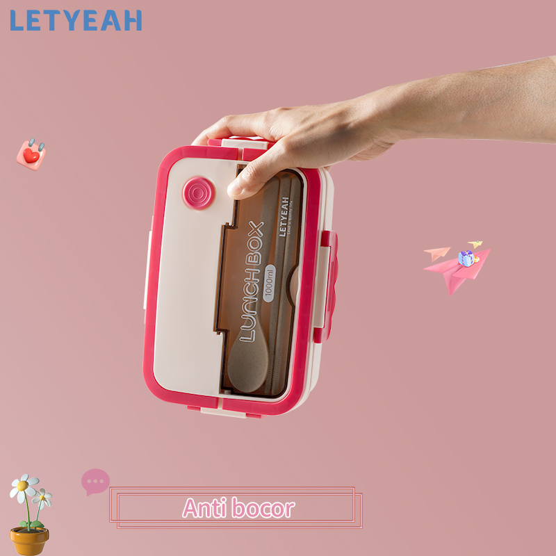 letyeah 1000ml Lunch box tempat bekal makan /kotak makan anti tumpah/Free sendok garpu