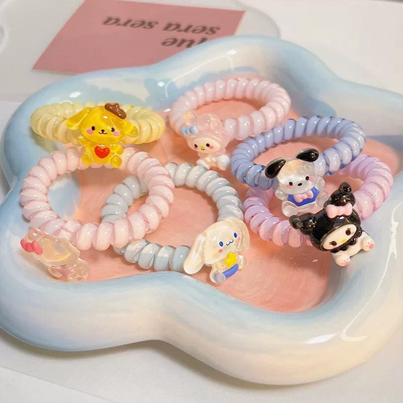 sanrio ikat rambut model kabel cinamonrol/melodi/kuromi Gelang Telepon Kartun Coil Karet Gelang Kecil Perempuan Tali Kepala Lucu Serbaguna