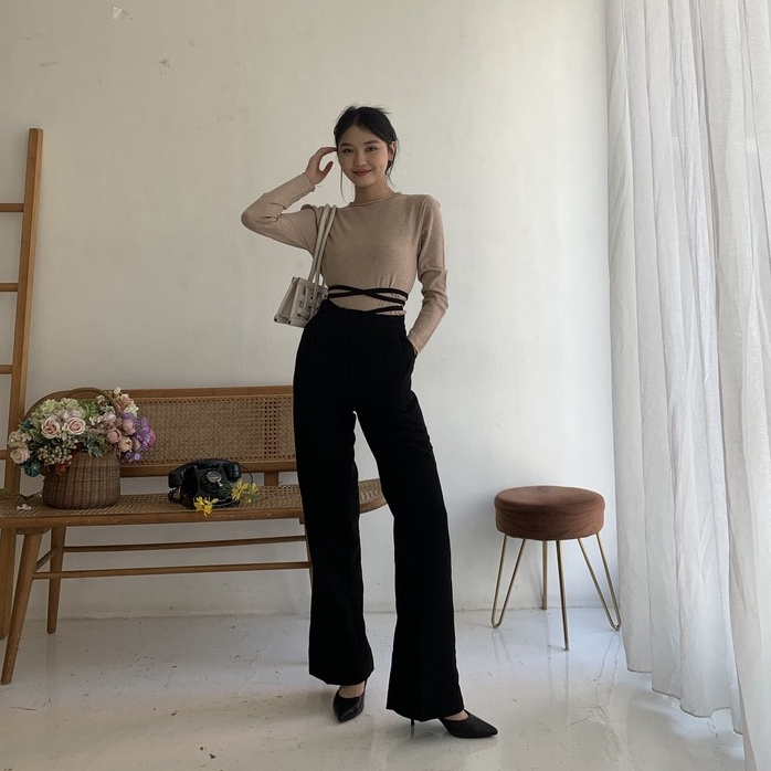 Tavi Long Pants - Rib Pants - Celana Tali - Celana High Waist - Celana Panjang Kantor Wanita - Celana Korea Wanita - Celana Casual Wanita