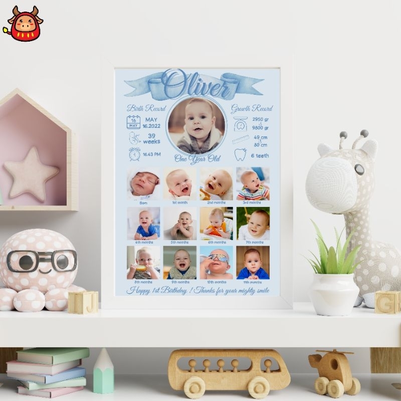 One Year photo frame My First Year photo board Baby photo frame baby milestone photo frame 1 year old gift baby boy girl hadiah kado ulang tahun anak 1 tahun foto frame