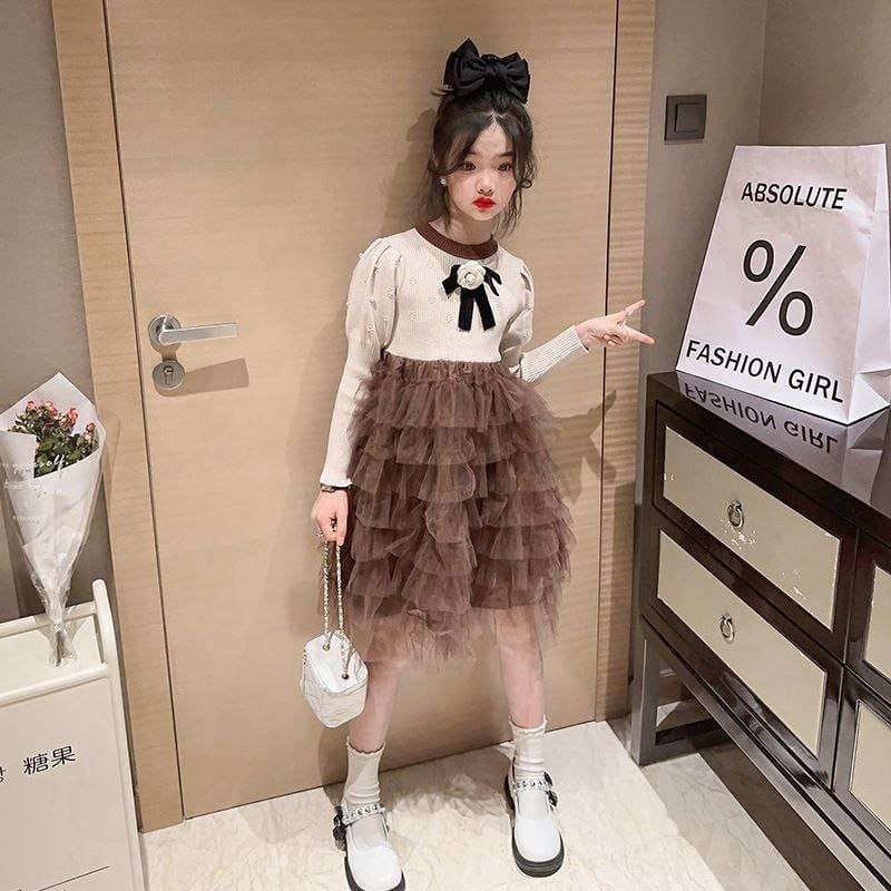 Dress Tutu Anak Perempuan Knitted Flower Coffee